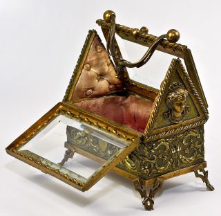Antique French Figural Gothic Jewelry Box Case 2 Hinged Doors Mascaron