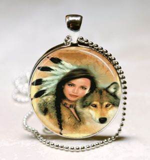  American Woman with Wolf Glass Tile Jewelry Necklace Pendant