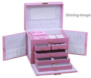 Huge Pink Leather Jewelry Box Case Storage w Lock Key