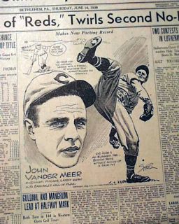 Johnny Vander Meer 2nd No Hitter in Row Cincinnati Reds Baseball 1938 Newspaper  