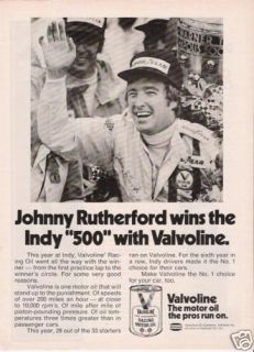 1974 Ad Valvoline Racing Oil Johnny Rutherford Indy 500  