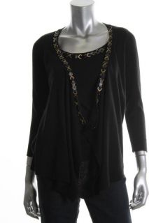 Joseph A NEW Black Ribbed Leather Chain Trim 3 4 Sleeve Inset Cardigan Sweater S  