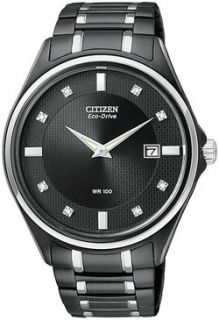 Mens Citizen AU1054 54G Black Stainless Steel Eco Drive Diamond Watch  