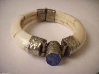 vintage estate OLD RARE UNIQUE blue lapis ox bone bangle bracelet nail