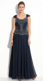 Kara NAVY BLUE Ruched Cap Sleeves Beaded Bodice Chiffon Gown Scarf