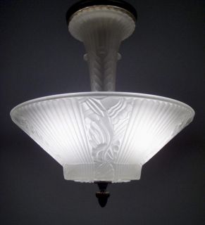 VINTAGE ART DECO FROSTED GLASS CEILING LIGHT FIXTURE FLORAL SHADE