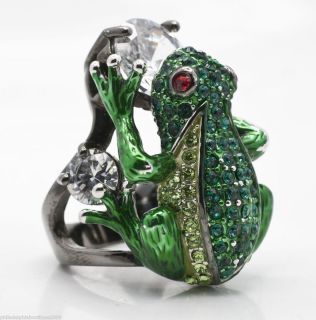 Kenneth Jay Lane AS IS Charming Frog Ring Size 7 5 Green Ruby Clear