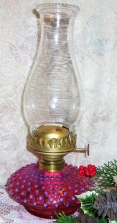 Antique Kerosene Oil Lamp Cranberry Opalescent Hobnail Glass Font RARE