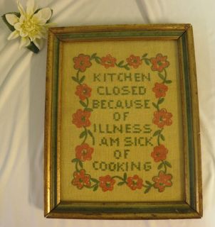 Wood Framed Glass Needlepoint Kitchen Closed Due to Illness Ljs