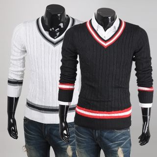 College Style Mens V Neck Stripe Knitwear Slim Fit Pullover Sweater M