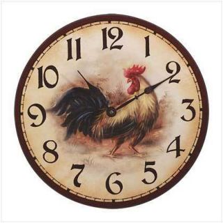 Wood Rooster Hen Round Kitchen Wall Clock Country Decor