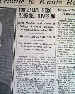 Knute Rockne Death Airplane Crash 1st RPT1931 Newspaper