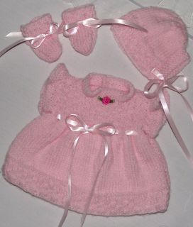 Hand Knitted Baby Reborn Doll Dress Bonnet and Bootie Set