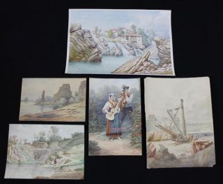 Orig Antique *Lourde LaPlace* French Watercolor Paintings, Landscape