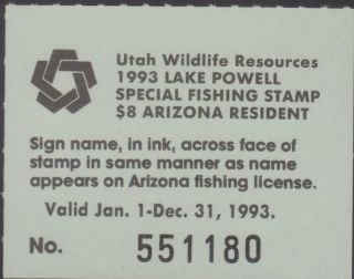 1993 Utah State Revenue Lake Powell Fishing Stamp Arizona Resident