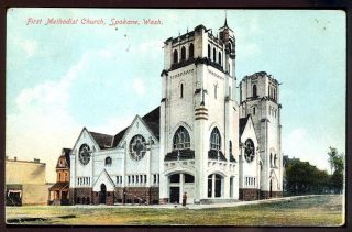Postcard First Methodist Church Spokane w 1909 Spokane Bridge DPO