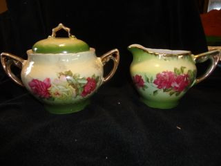 GERMANY VINTAGE CREAMER AND SUGAR BOWL WITH LID ORNATE FLORAL GOLD