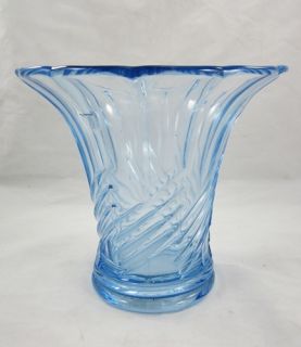 Large Vintage Blue Glass Vase Centerpiece Console Fluted Scalloped