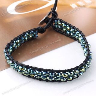 Crystal Glass Beads Black Leather Wrap Rope Bracelet Style