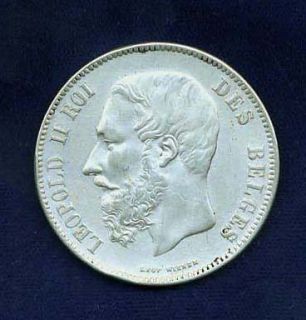 Belgium Leopold II 1868 5 Francs Silver Coin AU