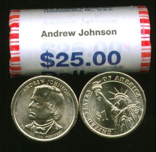 HEAD/TAIL~ 2011 D MINT BU ANDREW JOHNSON GOLD $25 DOLLAR ROLL ~CHEAP