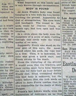 1915 Newspaper Leo Frank Lynching 1st Report Mary Phagan Murder Jewish