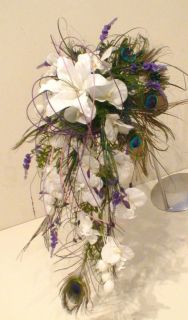 FLOWERS BRIDE PEACOCK FEATHER ORCHID LILY WHITE PURPLE SHOWER BOUQUET