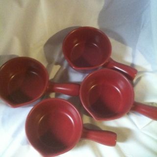 Set of Four Technique Flame Red Soup Crock with Handle Stoneware