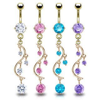 Real Gold Plated Long Shiny CZ Gem Belly Button Navel Ring Body