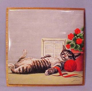 Lowell Herrero 87 Tabby Cat w Yarn Tile Wall Plaque