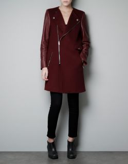 NEW Womens Chic ZARA Style Leather Sleeves BURGUNDY Wine RED Long Coat