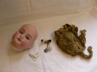 Vintage Porcelain Doll Head Blue Eyes Brown Wig Repair Repurpose Parts