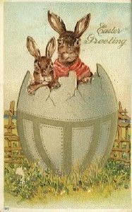 Mama Baby Dressed Rabbits in Easter Egg Postcard V796