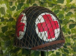 WWII US Army 4 Panel Combat Medic Helmet Front Seam Complete