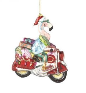 Pink Flamingo on Motorcycle Glass Christmas Holiday Ornament