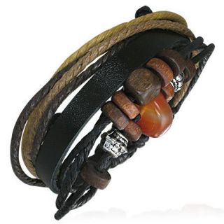 New Mens Beaded Leather and Cord Bracelet Wristband Surfer Style