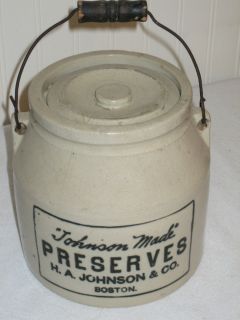 Antique Stone Ware Crock Johnson Made Preserves with Lid