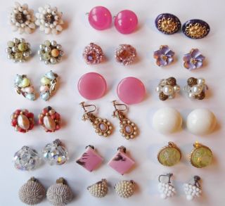 Estate Vintage Lot 18 Earrings Flower Signed Celluloid Enamel Beads