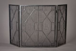 Modern Geometric 3 Panel Fireplace Screen w Mesh Antique Pewter New