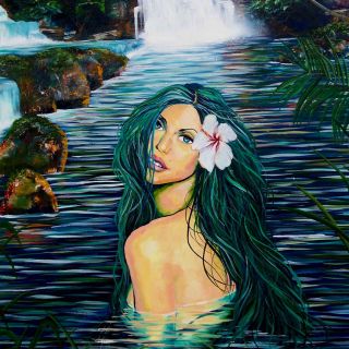 RW2 Mermaid SHOWER CURTAIN original art surrealism cloth green ocean