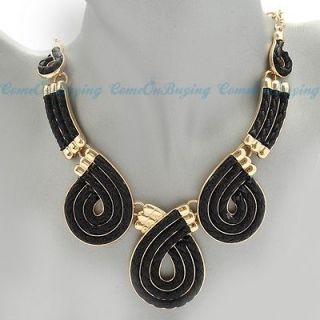 Fashion Gold Chain Black Leather Spiral Number 6 Pendant Bib Necklace
