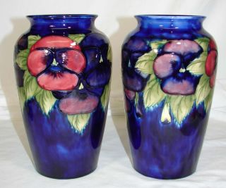 PAIR William MOORCROFT Pottery PANSY Vase c.1920s SIGNED Full