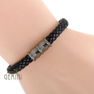 Men GENUINE LEATHER Black Stainless Steel Cuff Wristband Bracelets A25