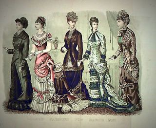 Vintage Antique Hand Colored Engraving Fashion Dress Victorian Godeys