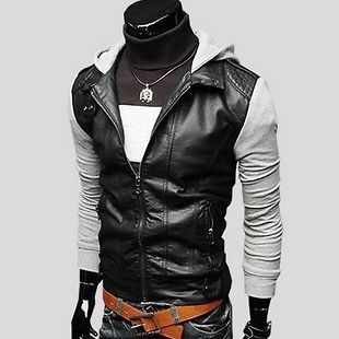 New fashion Knitted sleeve Slim leather hooded men leather jacket 3