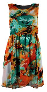 Ladies Plus Size Multi Colour Floral Paint Splash Wrap Illusion Dress