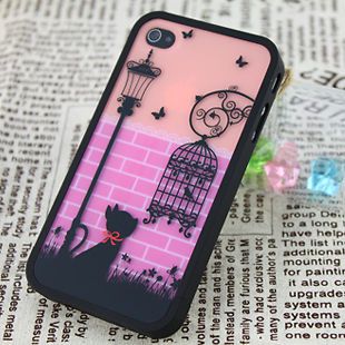 Black Cat Birdcage Hard Back Cover Case for iPhone 4 4G 4S+Free Screen