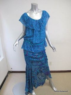 Ungaro Top & Skirt Teal & Blue Silk w/ Beads sz 46/44