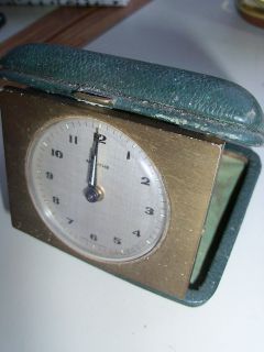 Clock travel alarm mechanical MAUTHE Germany green leather case