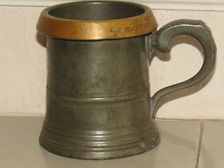 Unusual Antique Vintage Half Pint Pewter Mug Tankard With Brass Lip